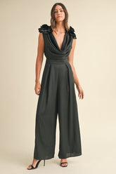 3D Floral Applique Deep Cowl Neck Jumpsuit Mable Black S